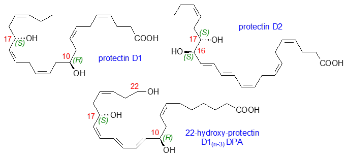 Protectin D1, D2 and 22-hydroxy-protectin D1n-3 PDA structures