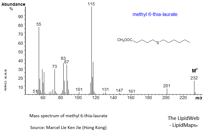Mass spectrum of methyl 6-thia-laurate